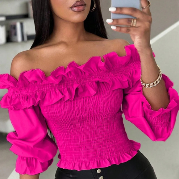 Tops - COPY - Color Ruffled Decor Off Shoulder Blouse With Shoulder Straps